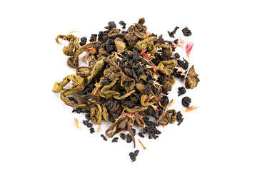 Tea with strawberry flavor and passion fruit on white background.