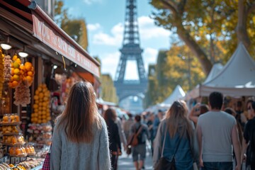 tourist in a market in paris, in the style of soft, romantic landscapes
