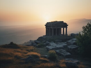 Ancient temple ruins located on a hilltop overlooking a vast valley at sunrise