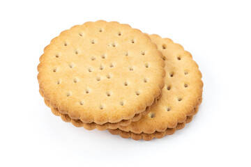 Two round sandwich biscuits isolated on a white background.