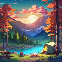 Camping by the River in Mountain Landscape