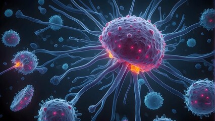 Defenders Unleashed: Microscopic View of Immune System's Battle Against Glowing Cancer Cells - World Cancer Day Art