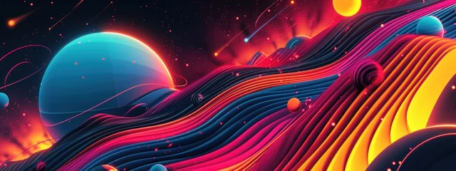Poster Surreal landscape with flowing waves and celestial spheres in warm tones, reminiscent of an otherworldly journey through space and time. © Liana