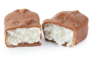 Сhocolate bar. Two halves of a coconut bar stuffed isolated on a white background. Sliced crunchy chocolate sweet bar.