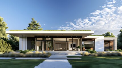 Eco Haven: A Modern Residence Embodying Sustainable Living, Surrounded by Lush Greenery – Showcase the Future of Eco-Friendly Architecture and Energy Efficiency.