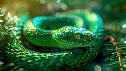 Fototapeta premium Happy Chinese New Year 2025, the green snake is surrounded by gifts and a Christmas tree, the zodiac sign according to the Chinese horoscope of the wooden green snake