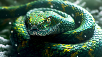 Fototapeta premium Happy Chinese New Year 2025, green snake on a dark background, zodiac sign according to the Chinese horoscope of the wooden green snake