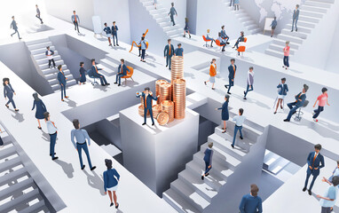 Business people collaborating on a project. Office workers are running up and down stairs in an abstract business environment around golden coins. Banking and finance concept 3D rendering	