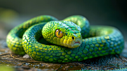 Happy Chinese New Year 2025, green snake on a dark background, zodiac sign according to the Chinese horoscope of the wooden green snake