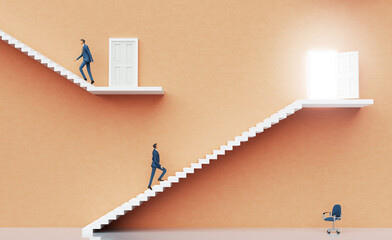 Businessman walking up stairs. Abstract environment with stairs and doors of opportunities, representing professional career, financial growth, ability and success. 3D rendering