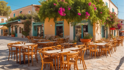 Summer cafe on the street in Greece - obrazy, fototapety, plakaty