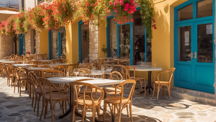 Fototapeta na wymiar Summer cafe on the street in Greece romantic