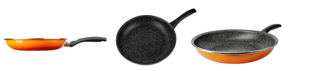 Modern empty cast frying pan with ceramic non-stick coating isolated on white background. Design...