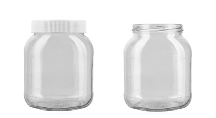 Two empty glass jars isolated on white background. File contains clipping path.