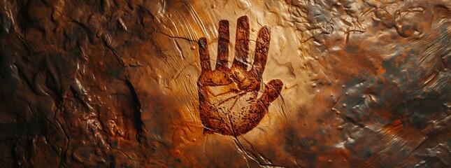 Handprint painted on the rock by prehistoric caveman artist, human hand positive image print outline centered mural painting, ancient fresco wallpaper, stop sign - obrazy, fototapety, plakaty