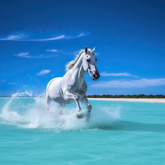 A sea with crystal clear blue waters and a galloping white horse