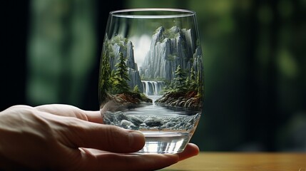 A waterfall view inside a glass of water - Generative AI