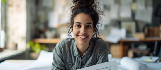 Casually dressed woman with messy hair smiles at camera while working on blueprint in her office.