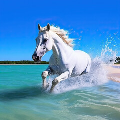A sea with crystal clear blue waters and a galloping white horse
