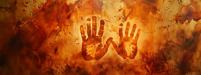 Fire paint with two hand prints background, cavemen art on the rock, orange and yellow stone handprints painting, old hands vestiges of a man and a woman or an adult and a child, painting on glass  - obrazy, fototapety, plakaty