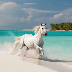 Naklejka na ściany i meble A sea with crystal clear blue waters and a galloping white horse