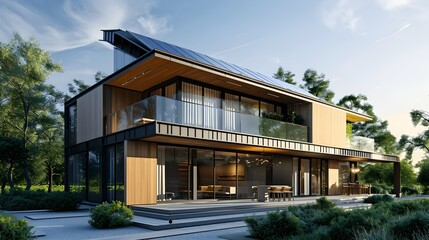 Fototapeta na wymiar Eco Haven: A Modern Residence Embodying Sustainable Living, Surrounded by Lush Greenery – Showcase the Future of Eco-Friendly Architecture and Energy Efficiency.
