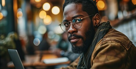 Portrait of young attractive african american man in eyeglasses using laptop while sitting in cafe - obrazy, fototapety, plakaty