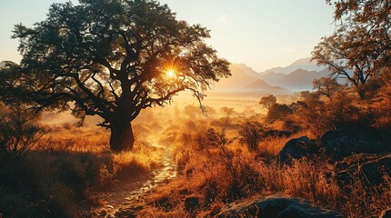 Sunrise in the African savanna inspired by   South Africa nature - obrazy, fototapety, plakaty