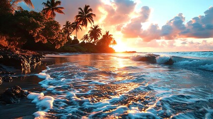 Beautiful sunrise on the white sand beach with palm trees like Caribbean or Sri Lanka. - obrazy, fototapety, plakaty