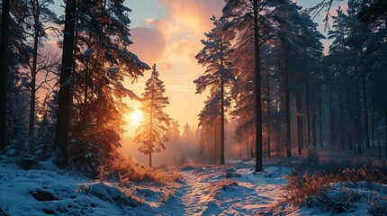 Beautiful winter landscape with sunbeams in the snowy forest inspired by Siberia, Altai or Norwegian nature 