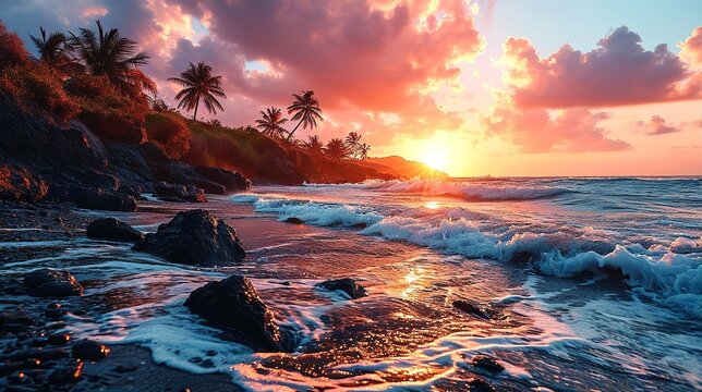 Beautiful sunrise on the white sand beach with palm trees like Caribbean or Sri Lanka.