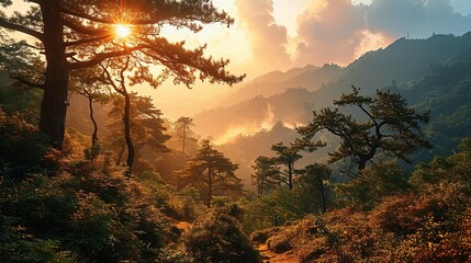 Pine forest  in the mountains at sunrise, China.