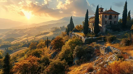 Tuinposter Beautiful autumn landscape in Tuscany, Italy. Sunrise. © IRStone