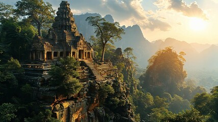 Ruins of ancient temple in morning in jungle inspired by Cambodia or Indonesia 