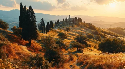 Poster Beautiful autumn landscape in Tuscany, Italy. Sunrise. © IRStone