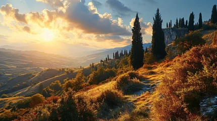 Fototapete Toscane Beautiful autumn landscape in Tuscany, Italy. Sunrise.