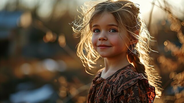 Portrait of a beautiful little girl with long curly hair in the sunlight