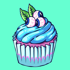 Illustration of a dessert monster with scary eyeballs in a psychedelic and melting style
