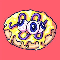 Illustration of a dessert monster with scary eyeballs in a psychedelic and melting style