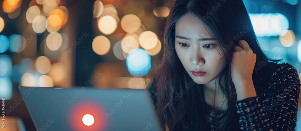 Poster an anxious asian woman on laptop encounters a problem message with a risk alert symbol while accessi