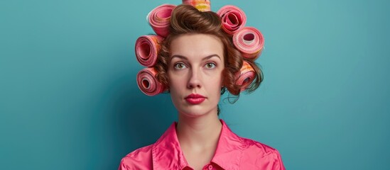 A woman warning against trespassing wearing hair curlers. - obrazy, fototapety, plakaty