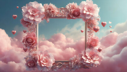 A Beautiful Sky with Clouds and a Pink Frame with 3D Flowers