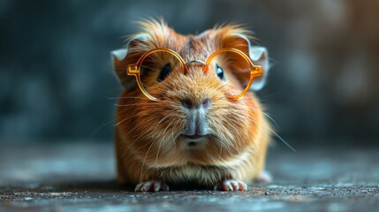 Cute little laughing smiling guinea pig with glasses - obrazy, fototapety, plakaty