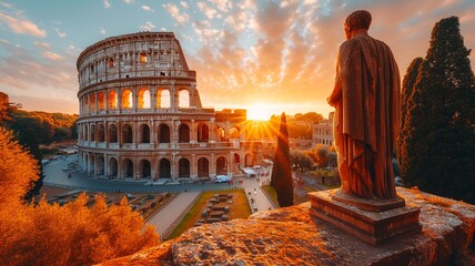 Naklejka na ściany i meble Landscape Scene of Colosseum at the sunset time, view from inside decorate home apartment, window and balcony view, holiday and tourist concept ,generative ai