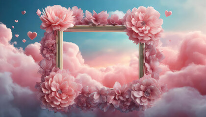 A Cloudy Sky with a 3D Flower and Pink Frame