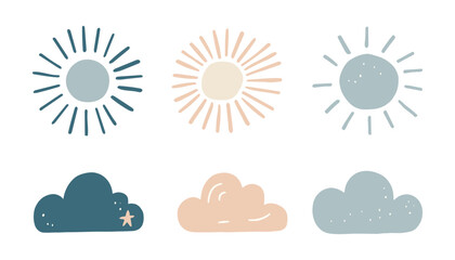 Vector icons of the sun and clouds in pastel colors. hand drawing, white background