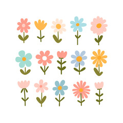 Obraz premium Set of cartoon flowers in pastel colors on a white background