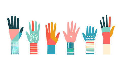 Colored vector hands with patterns on a white background.