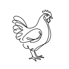 Line drawing of a chicken in profile. one line on a white background