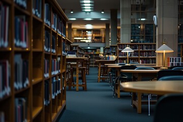 College library during exam season, no people, quiet study space, intense preparation, academic pursuit, knowledge quest, Generative Ai 